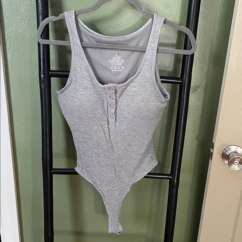 Klassy Network Gray Ribbed Henley Tank Bodysuit